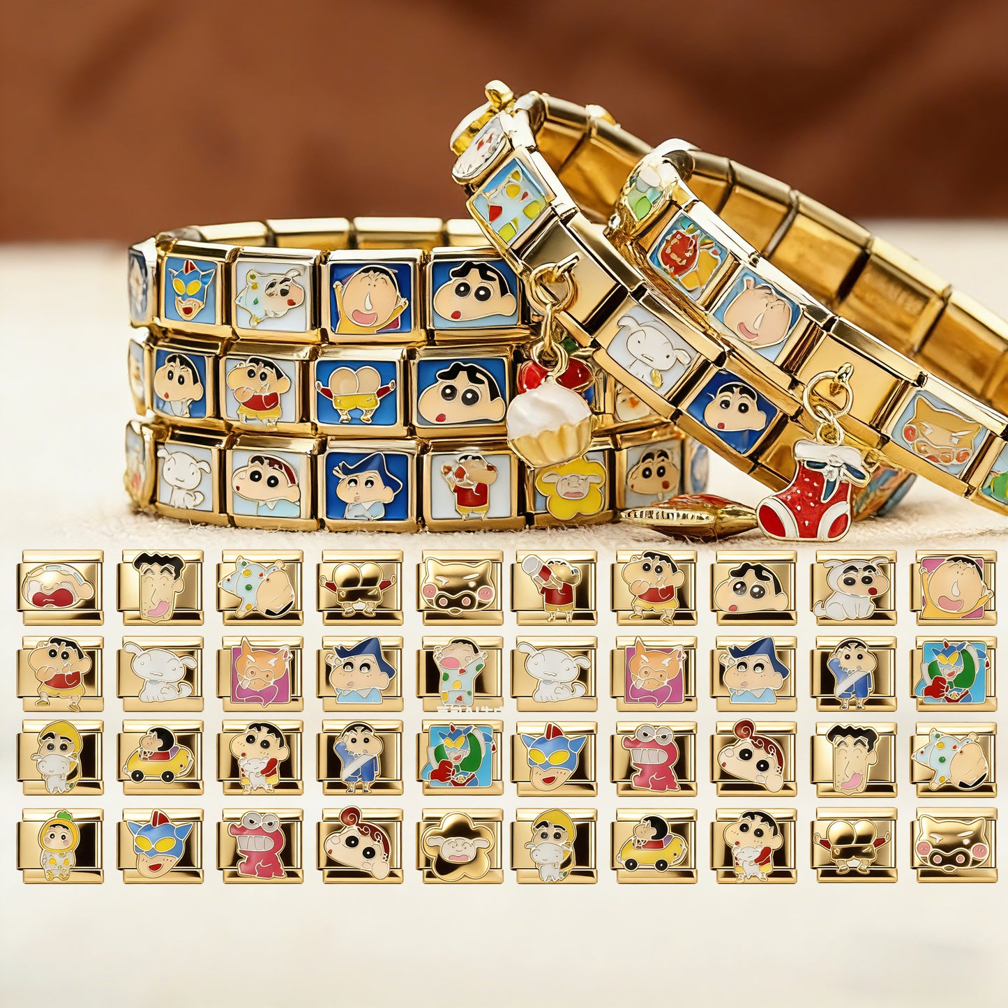 Crayon Shin-chan Personalized Italian Bracelet, Custom Gold Italy Charms, Gold Italian BraceletGift for Her