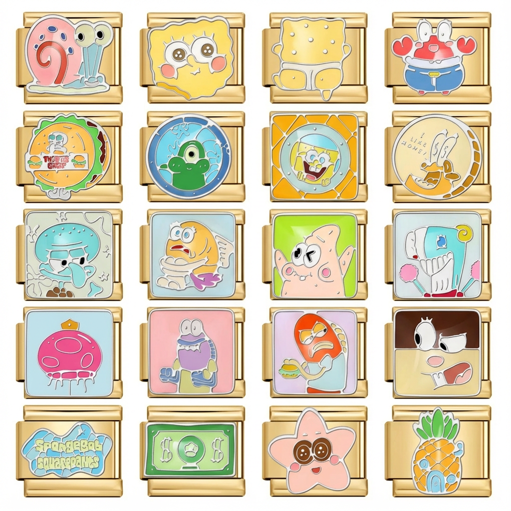 SpongeBob SquarePants Personalized Italian Bracelet, Custom Gold Italy Charms,Gift for Her